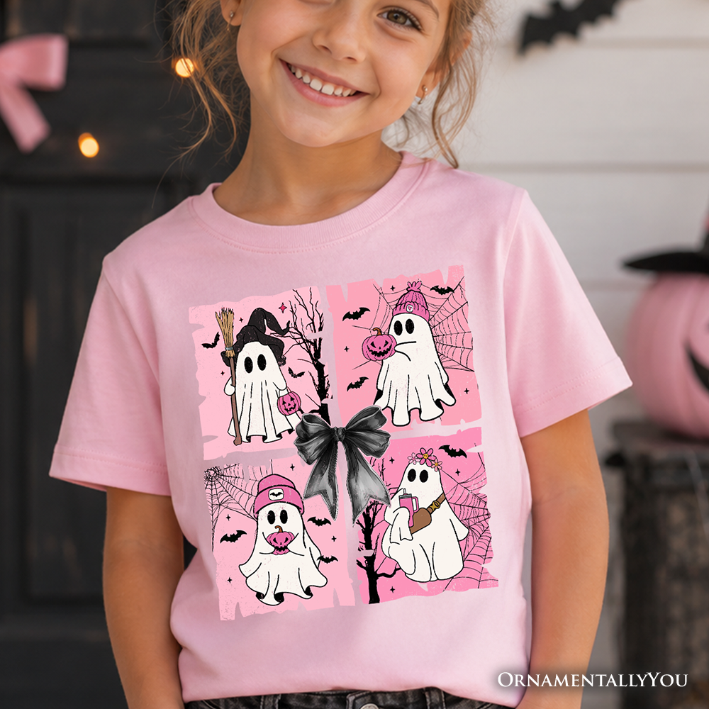 Kids Pink Halloween Ghost T-Shirt, Coquette Spooky Season Tee for Youth - Grazingbelles