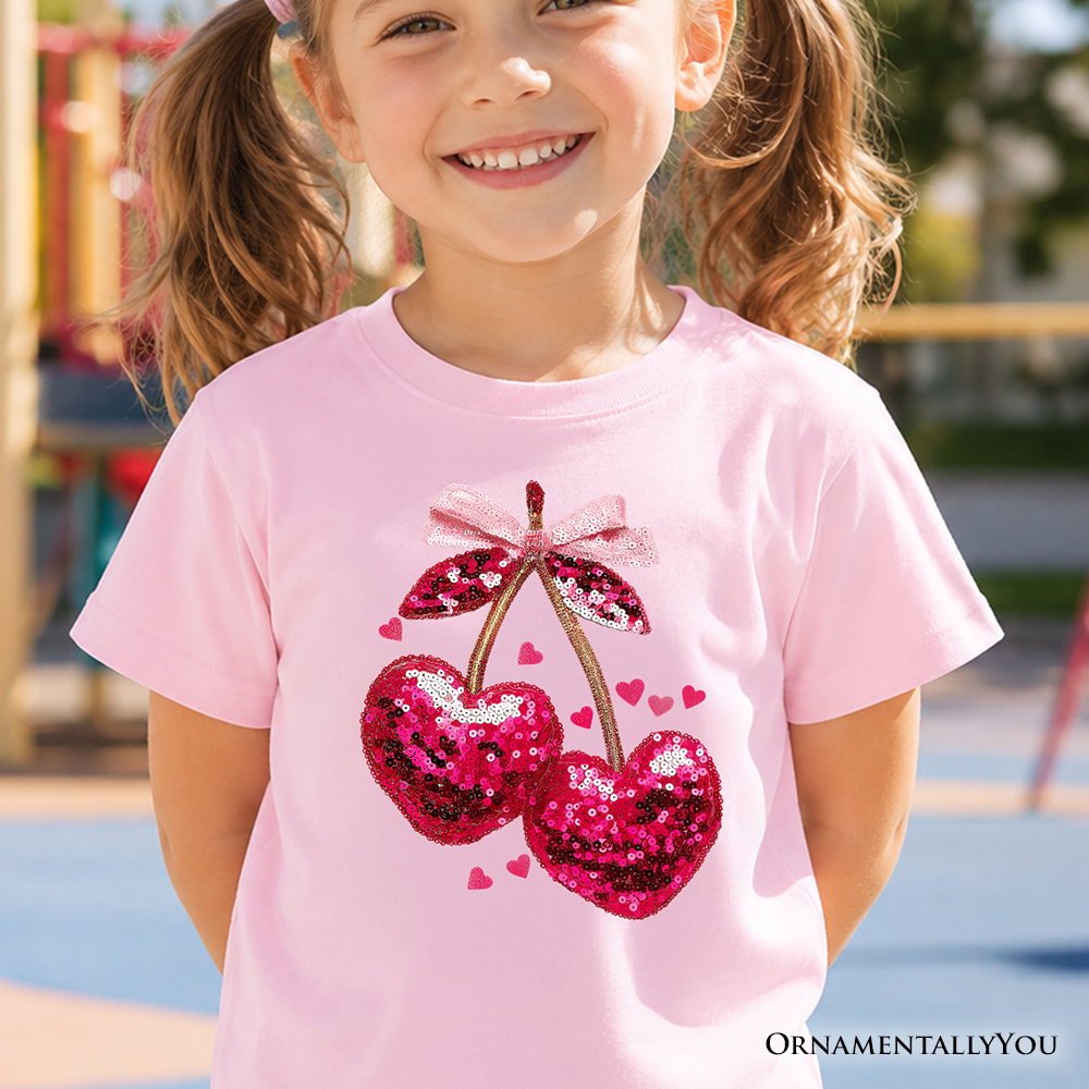 Kids Sequin Pink Cherry Heart Valentine T-Shirt, Mood for Love Coquette Tee for Youth Girls - Grazingbelles