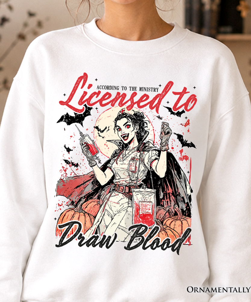 Licensed to Draw Blood Halloween Nurse Sweatshirt, Groovy Sweater for Spooky Season - Grazingbelles