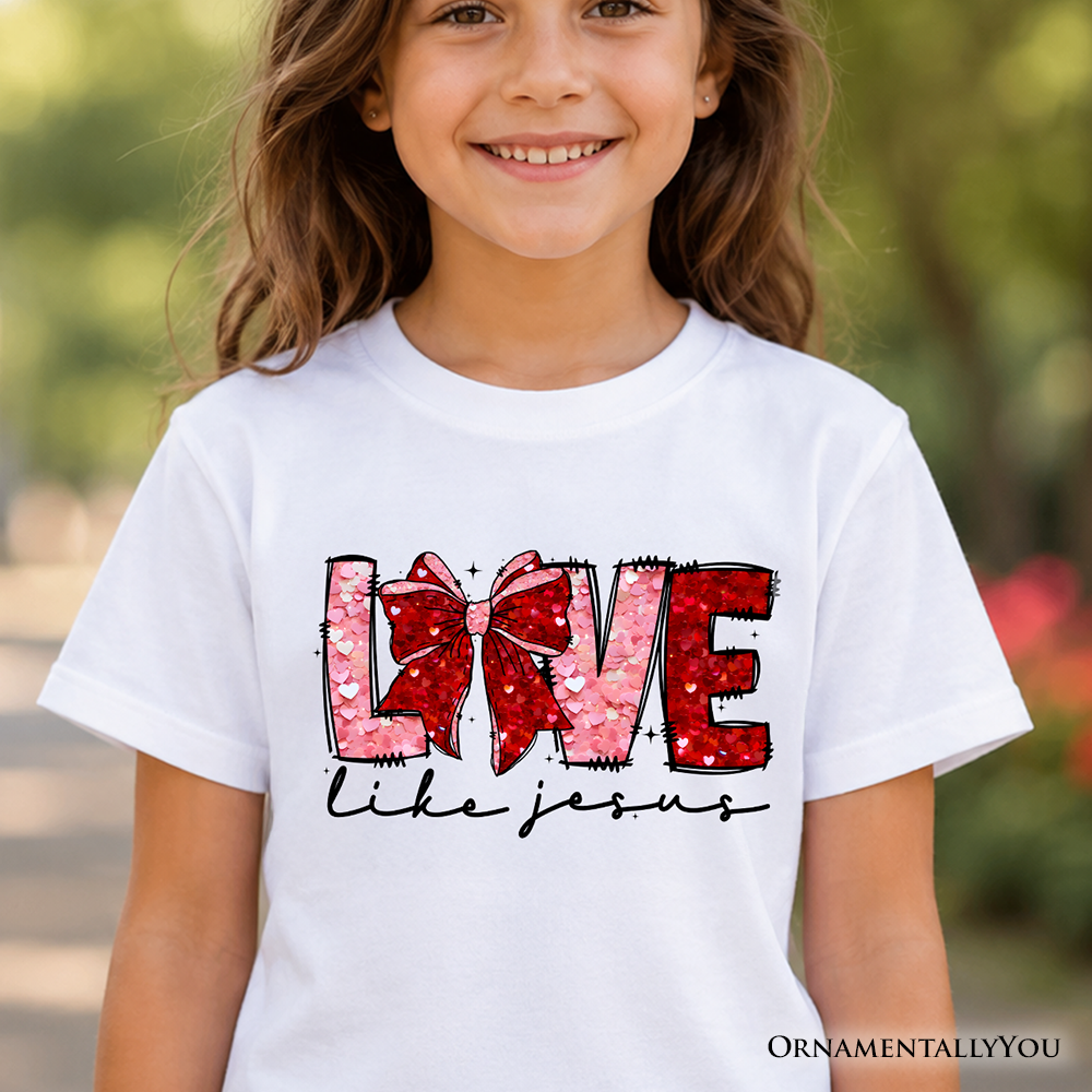 Love Like Jesus Kids Valentine T-Shirt, Coquette Bow Christian Hearts Tee for Youth - Grazingbelles
