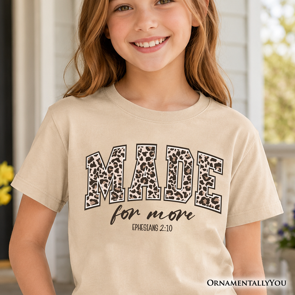 Made For More Kids Christian T-Shirt, Ephesians 2:10 Leopard Faith Bible Verse Easter Tee for Youth - Grazingbelles
