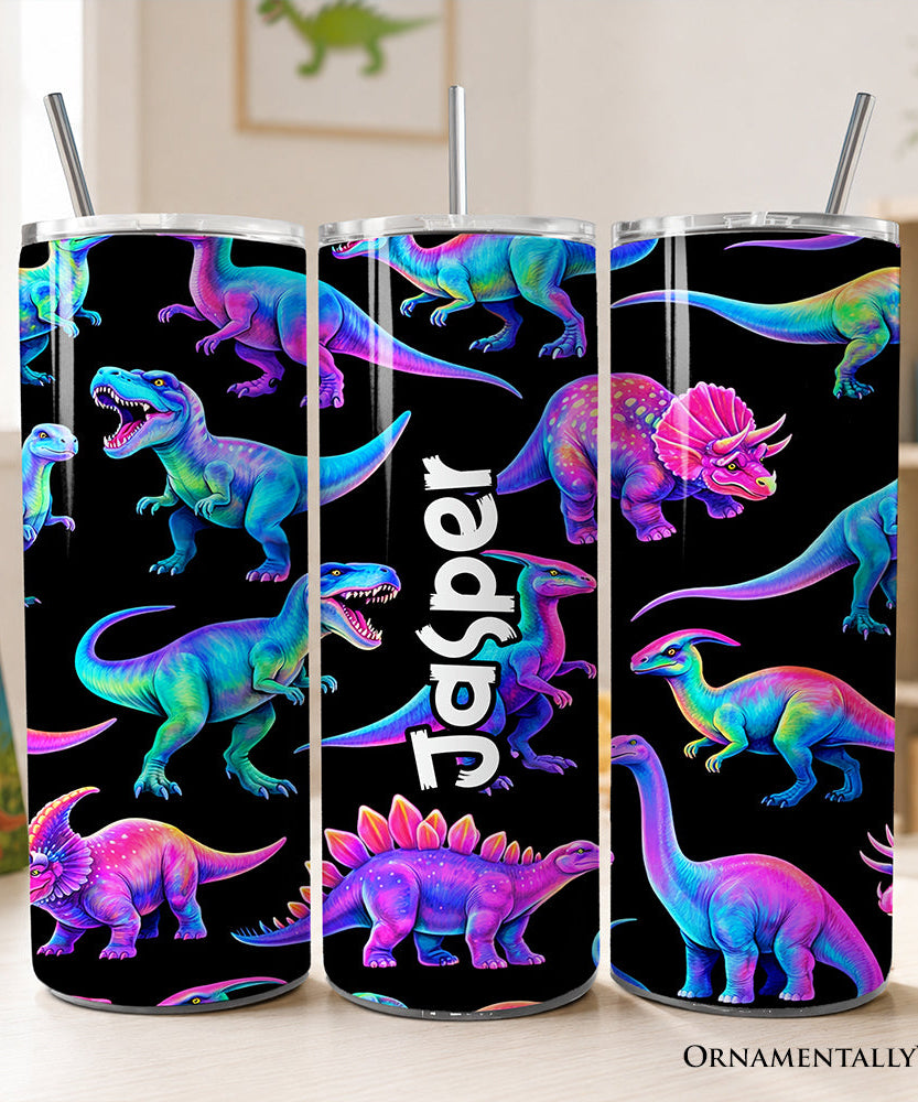 Neon Dinosaur Pattern 20oz Personalized Tumbler With Lid and Stainless Steel Straw, Colorful Prehistoric Gift Cup