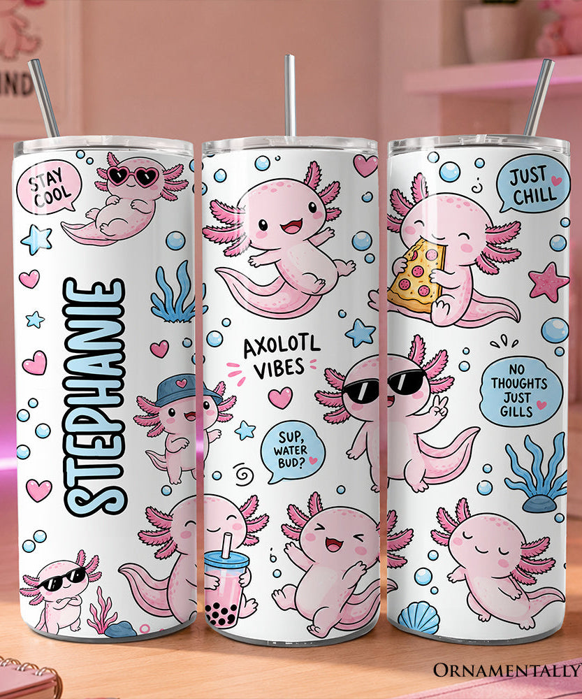 Pink Axolotl Vibe 20oz Personalized Tumbler With Lid and Stainless Steel Straw, Sea Animal Pattern Gift Cup - Grazingbelles