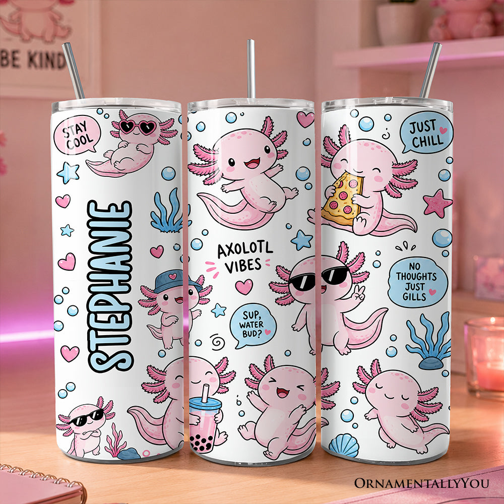 Pink Axolotl Vibe 20oz Personalized Tumbler With Lid and Stainless Steel Straw, Sea Animal Pattern Gift Cup - Grazingbelles