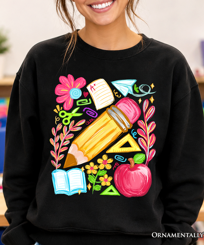 Floral Teacher Pencil Sweatshirt, Colorful Back to School Sweater