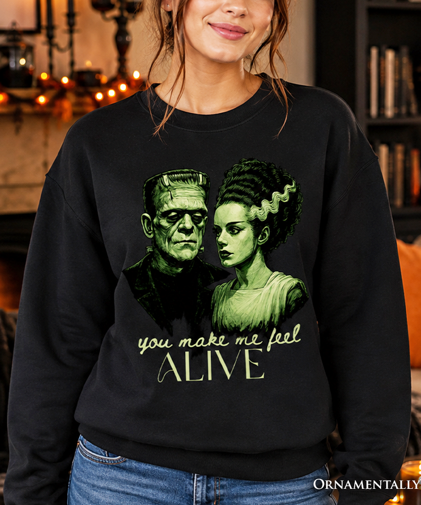 Frankenstein And Bride You Make Me Feel Alive Sweatshirt, Valentine Retro Horror Couples Love Sweater - Grazingbelles