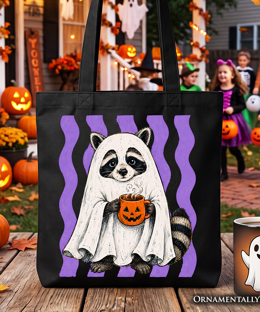 Ghost Costume Raccoon Tote Bag, Halloween Pumpkin Coffee Mug Gift Shopper - Grazingbelles