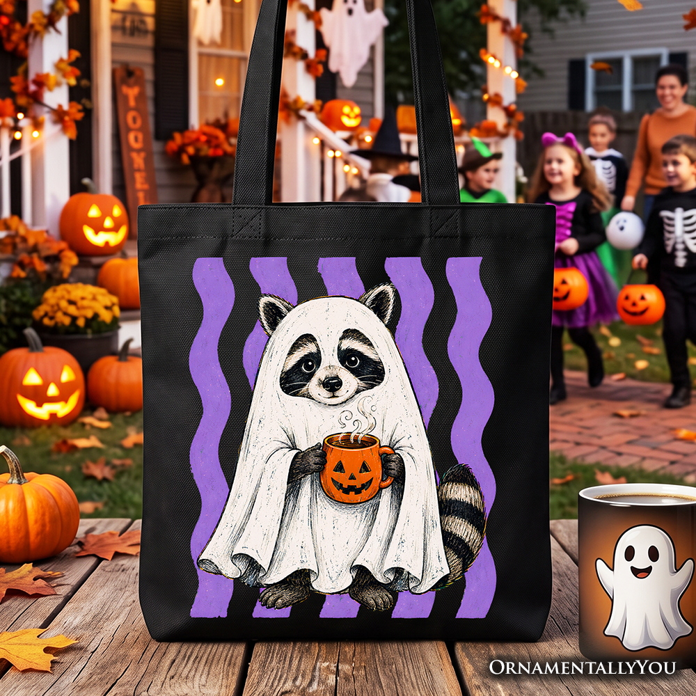 Ghost Costume Raccoon Tote Bag, Halloween Pumpkin Coffee Mug Gift Shopper - Grazingbelles