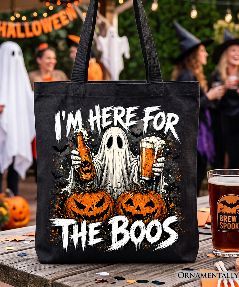 I’m Here for the Boos Ghost Tote Bag, Funny Halloween Beer Pumpkin Gift Shopper - Grazingbelles