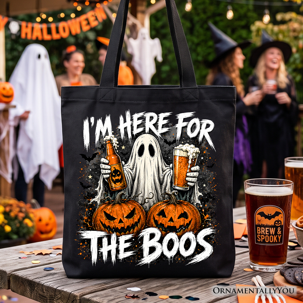 I’m Here for the Boos Ghost Tote Bag, Funny Halloween Beer Pumpkin Gift Shopper - Grazingbelles