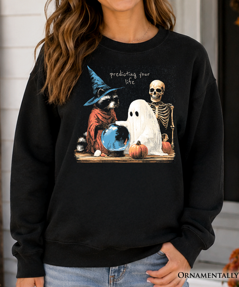 Predicting Your Life Witch Racoon Sweatshirt, Vintage Halloween Ghost Skeleton Fortune Teller Sweater - Grazingbelles