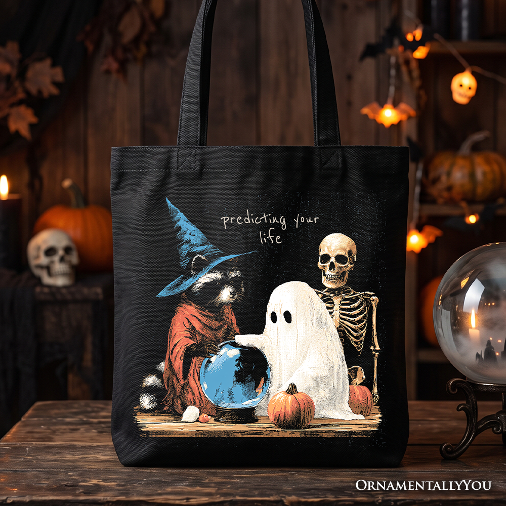 Predicting Your Life Witch Racoon Tote Bag, Vintage Halloween Ghost Skeleton Fortune Teller Gift Shopper - Grazingbelles