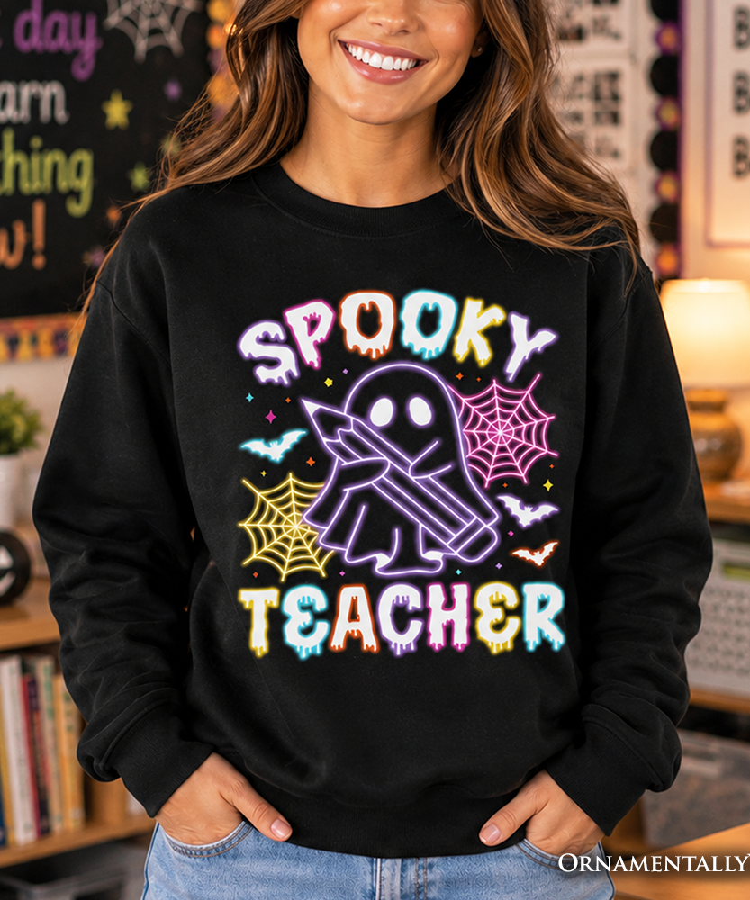 Spooky Teacher Neon Ghost Sweatshirt, Retro Halloween Sweater for Educators - Grazingbelles