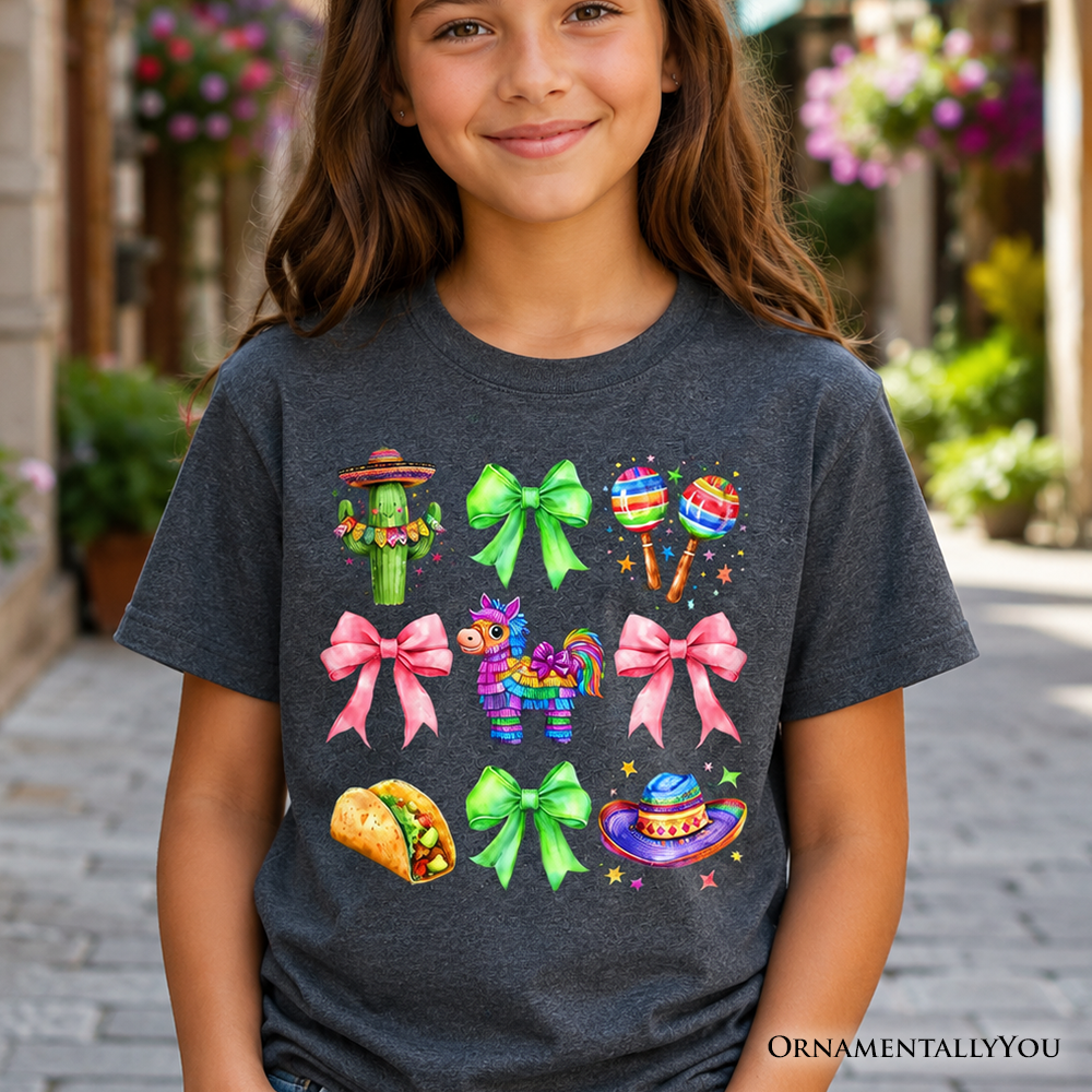Kids Cinco De Mayo Coquette Bow T-Shirt, Mexican Fiesta Maracas Youth Tee - Grazingbelles