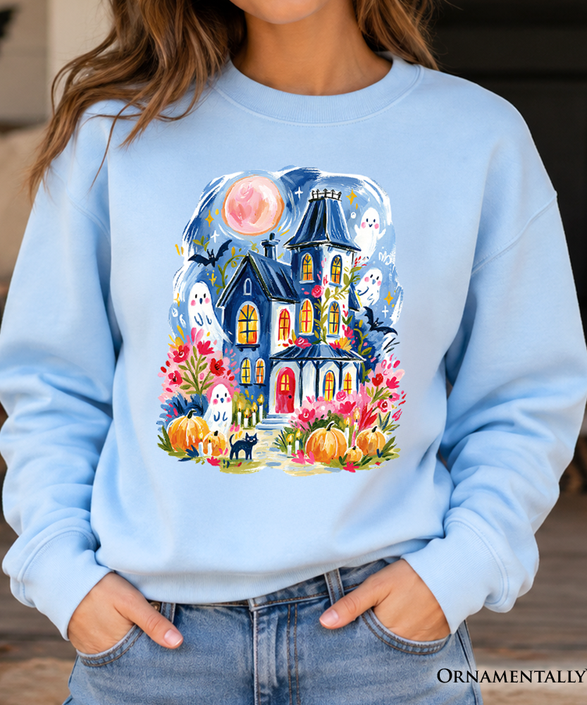 Watercolor Haunted House Sweatshirt, Colorful Ghost Pumpkin Halloween Sweater - Grazingbelles