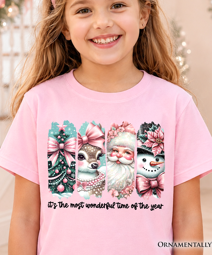 Kids Coquette Pink Christmas T-Shirt, It's The Most Wonderful Time Of The Year Vintage Tree, Reindeer, Santa and Snowman Youth Tee
