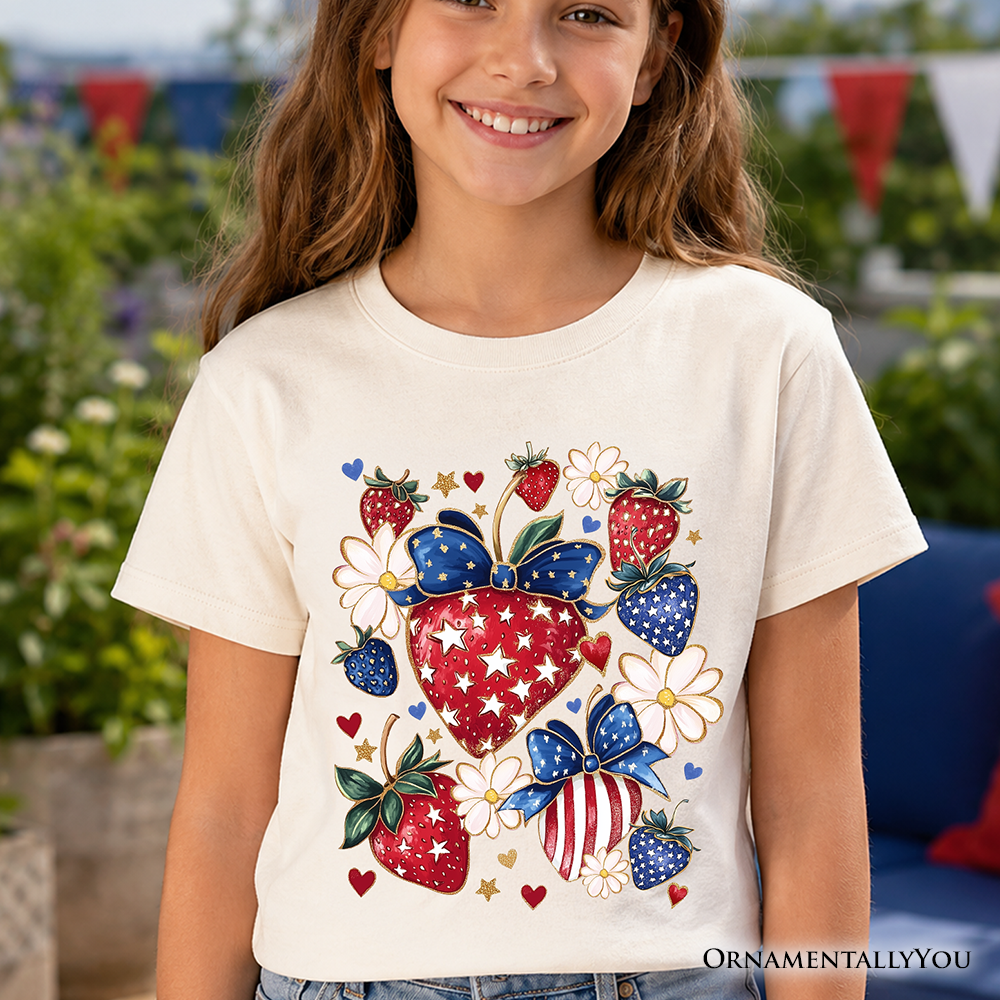 Kids Patriotic Boho Strawberries Bouquet T-Shirt, Youth 4th of July Festive Patch Tee - Grazingbelles