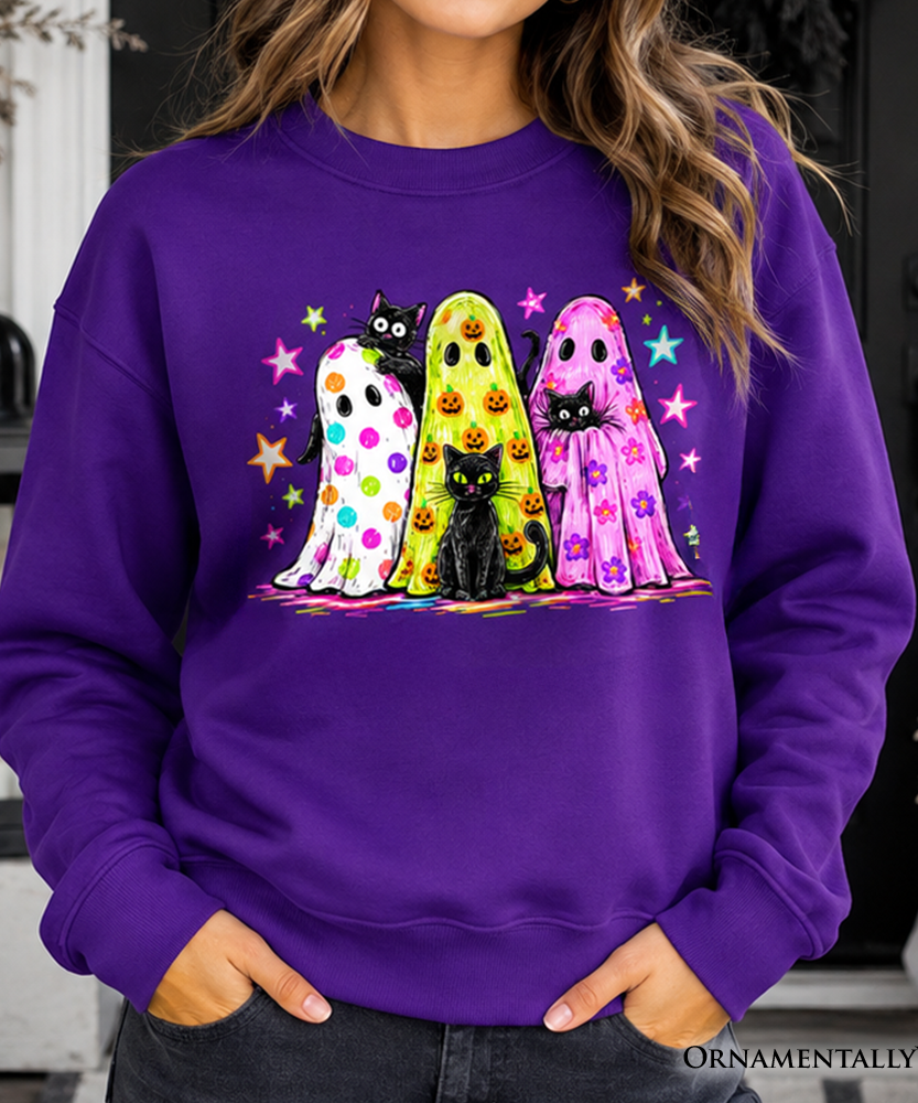 Colorful Ghosts and Black Cats Sweatshirt, Neon Halloween Spooky Season Sweater