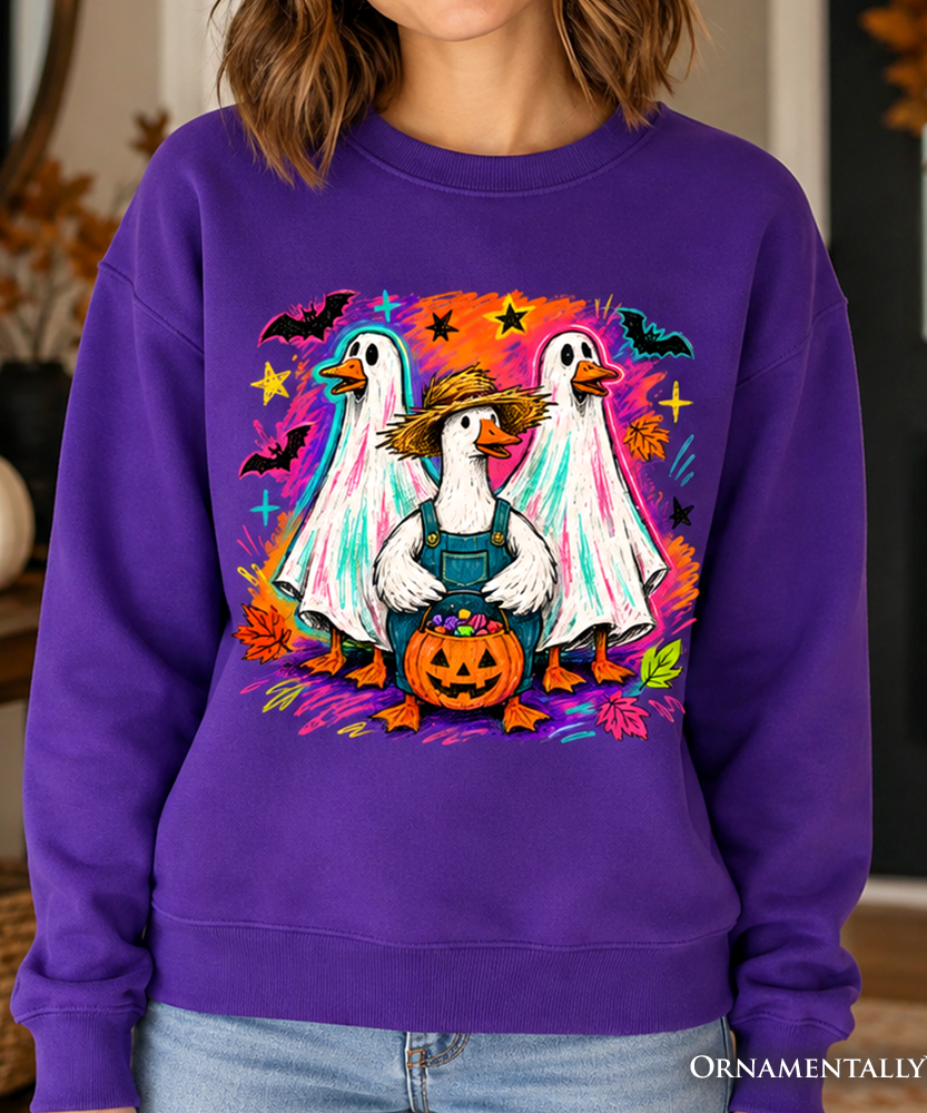 Trick or Treat Geese Sweatshirt, Colorful Halloween Ghost Costume Sweater