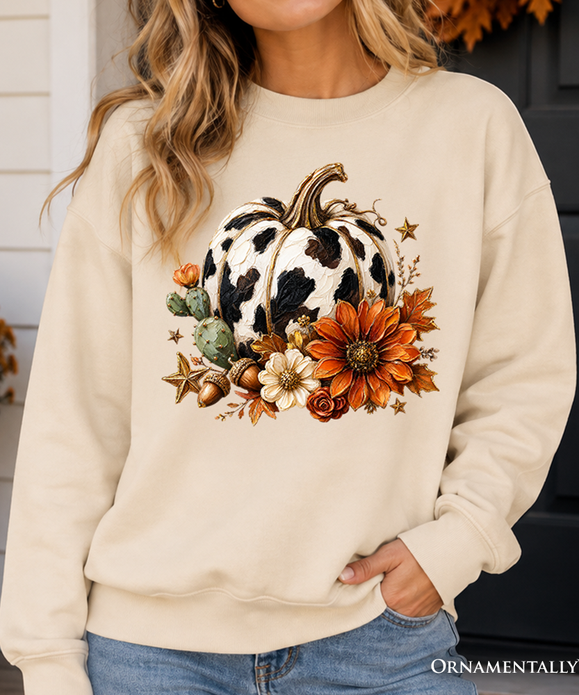 Cow Pumpkin Floral Sweatshirt, Western Autumn Harvest Sweater - Grazingbelles