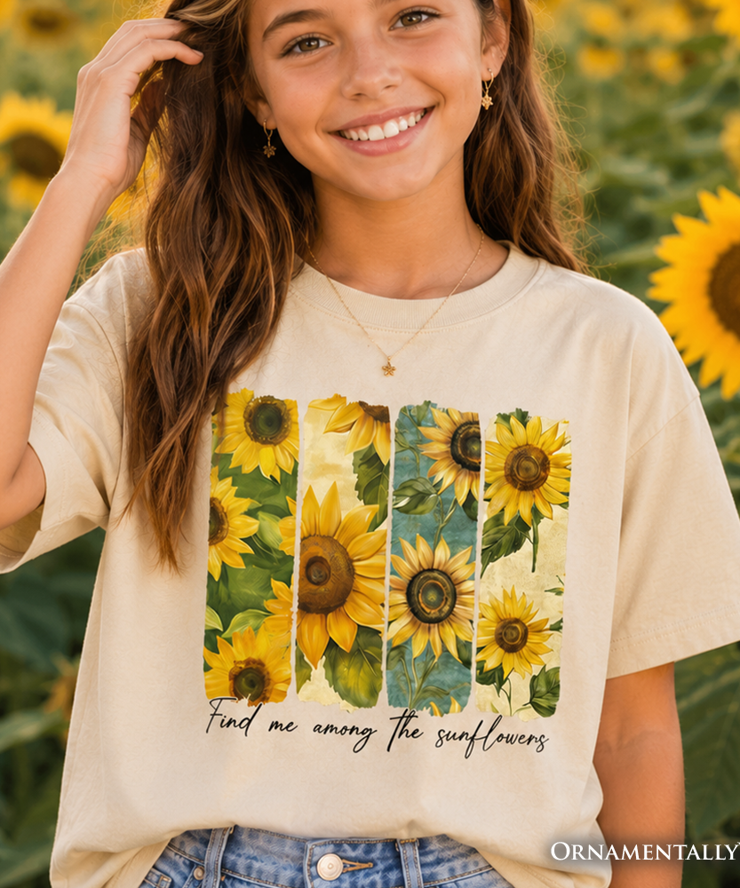 Find Me Among the Sunflowers Kids T-Shirt, Floral Tee for Youth Girls