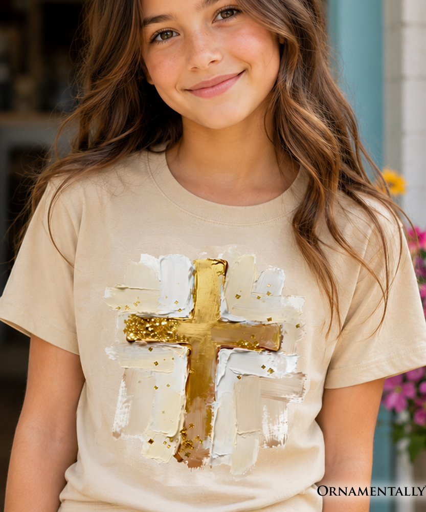 Kids Oil Brushstroke Cross T-Shirt, Christian Faith Jesus Easter Tee for Youth