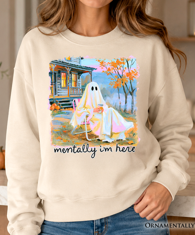 Mentally I'm Here Ghost Sweatshirt, Cozy Fall Halloween Cabin Sweater - Grazingbelles