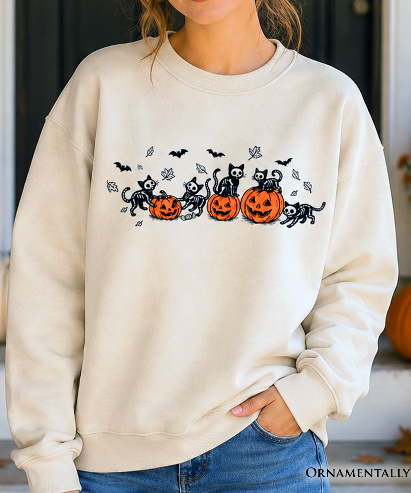 Skeleton Cats and Pumpkins Sweatshirt, Spooky Halloween Black Cat Sweater