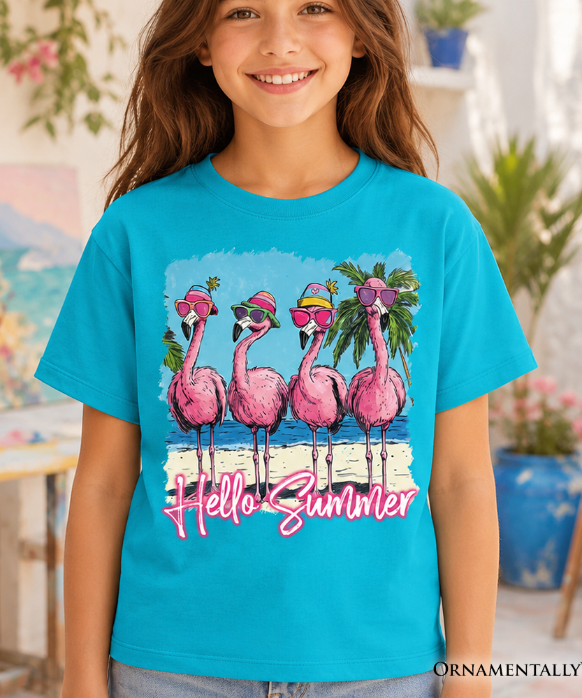 Kids Flamingo Hello Summer T-Shirt, Tropical Beach Vacation Youth Tee - Grazingbelles
