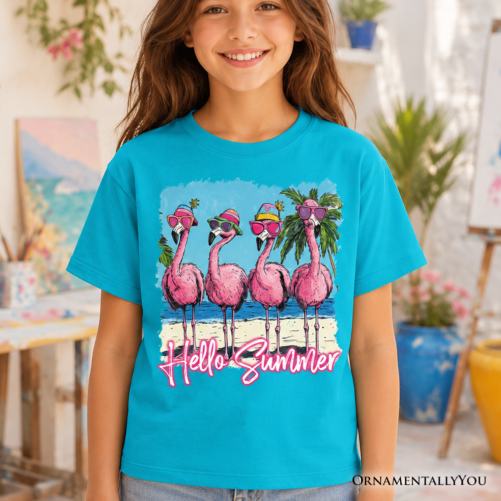 Kids Flamingo Hello Summer T-Shirt, Tropical Beach Vacation Youth Tee - Grazingbelles