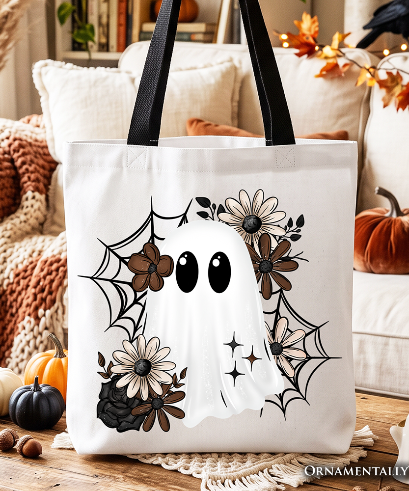 Floral Ghost Tote Bag, Neutral Boho Halloween Spider Web Gift Shopper - Grazingbelles