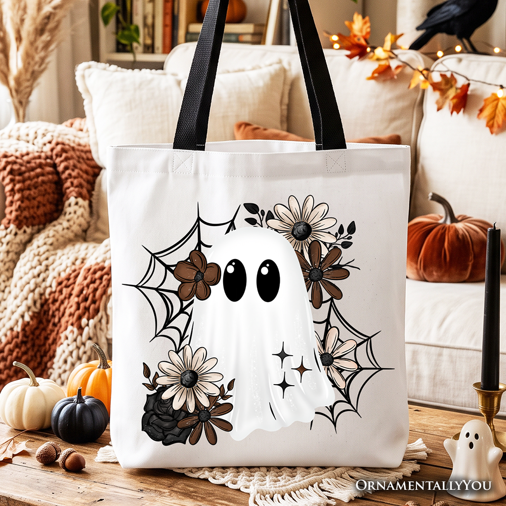 Floral Ghost Tote Bag, Neutral Boho Halloween Spider Web Gift Shopper - Grazingbelles