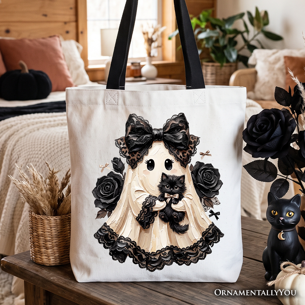 Gothic Ghost with Black Cat Tote Bag, Black Rose Coquette Halloween Gift Shopper - Grazingbelles