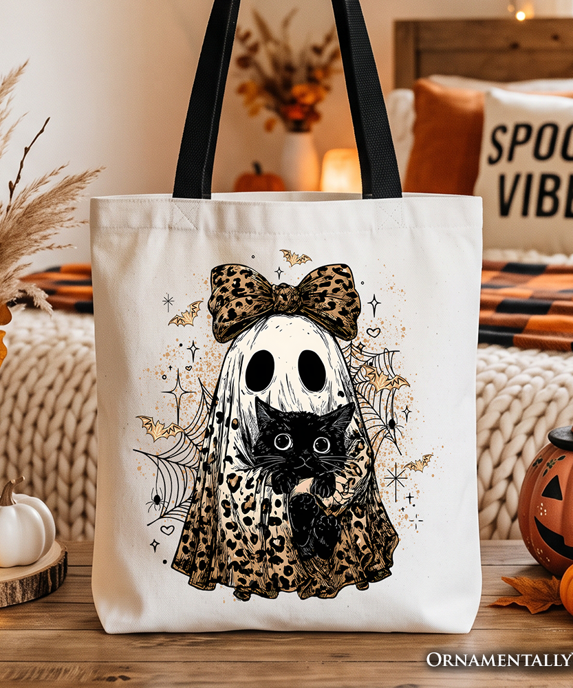Leopard Bow Ghost with Black Cat Tote Bag, Spooky Halloween Spider Web Gift Shopper - Grazingbelles