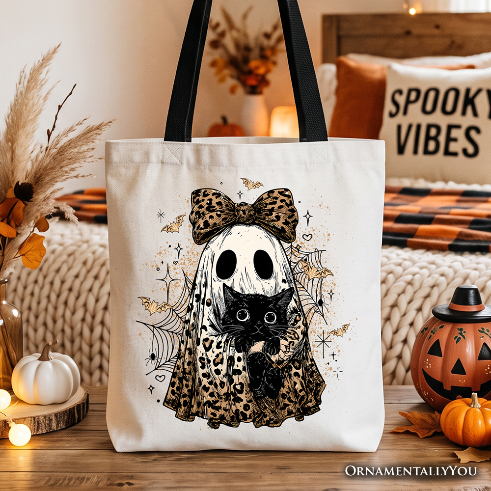 Leopard Bow Ghost with Black Cat Tote Bag, Spooky Halloween Spider Web Gift Shopper - Grazingbelles