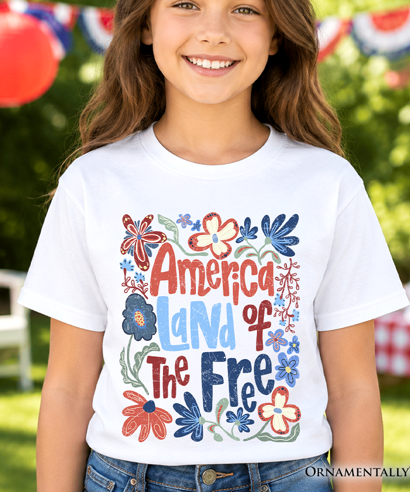 Kids America Land of the Free T-Shirt, Retro Youth Floral Independence Day Tee