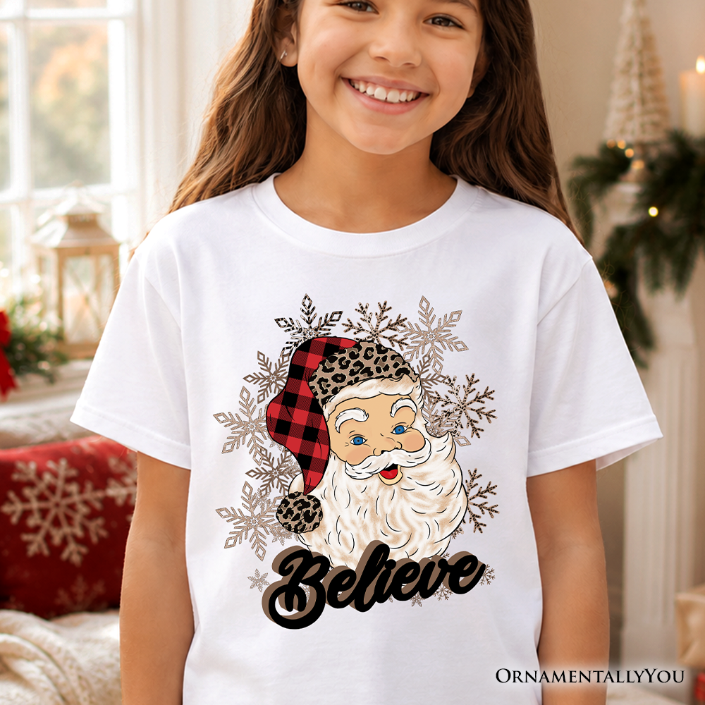 Kids Believe Santa Buffalo Plaid T-Shirt, Retro Christmas Youth Tee - Grazingbelles