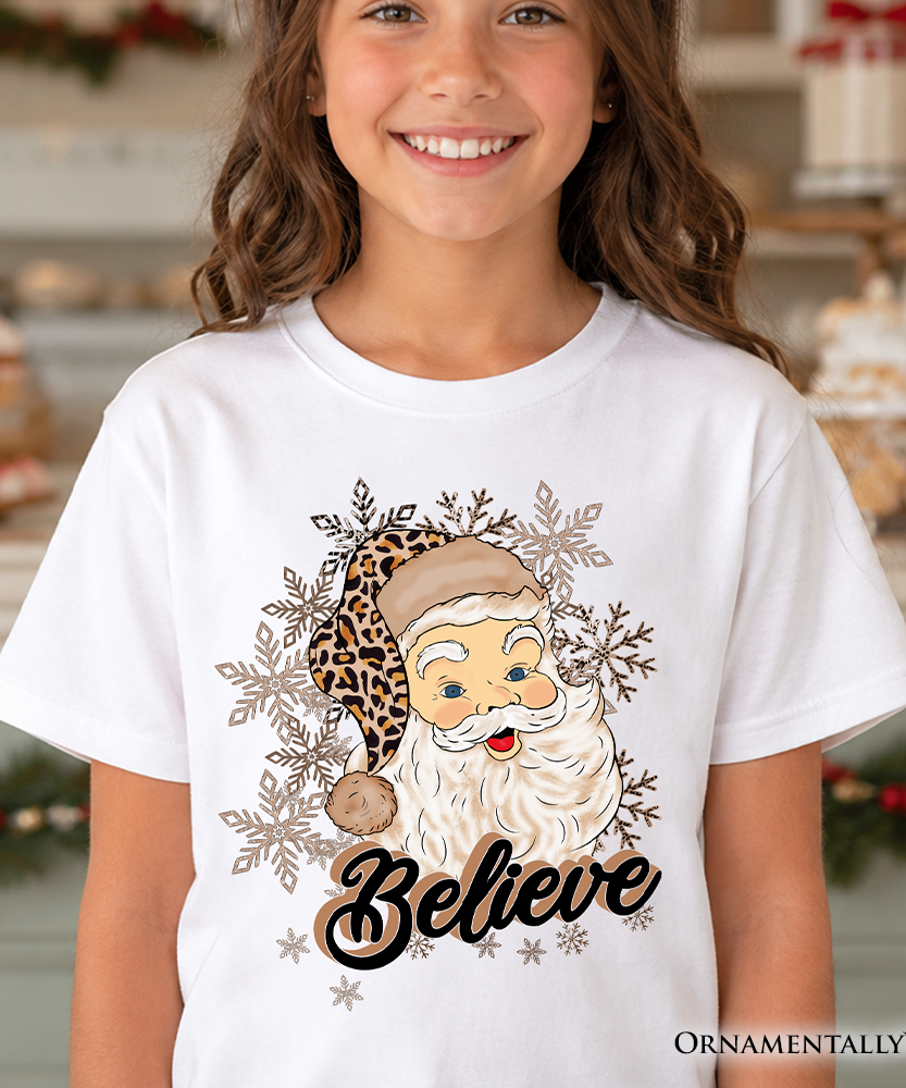 Kids Believe Santa Cheetah Leopard T-Shirt, Retro Christmas Youth Tee - Grazingbelles