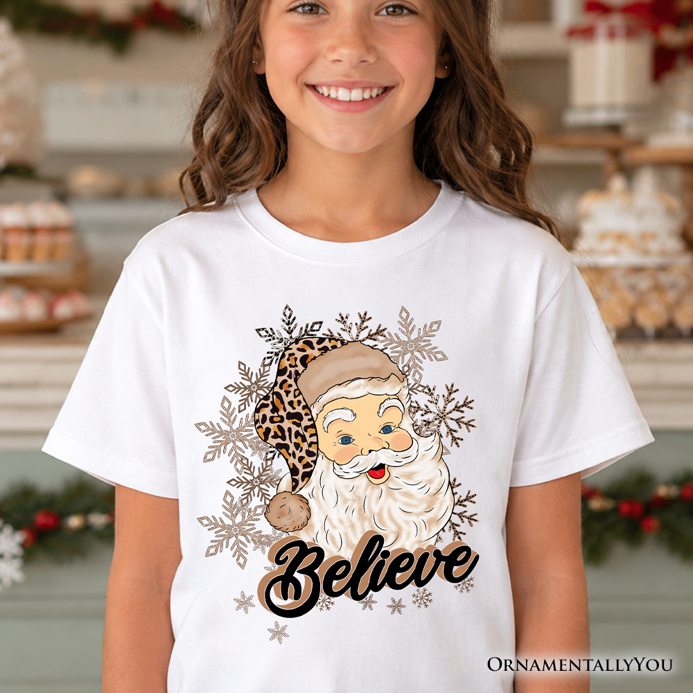 Kids Believe Santa Cheetah Leopard T-Shirt, Retro Christmas Youth Tee - Grazingbelles
