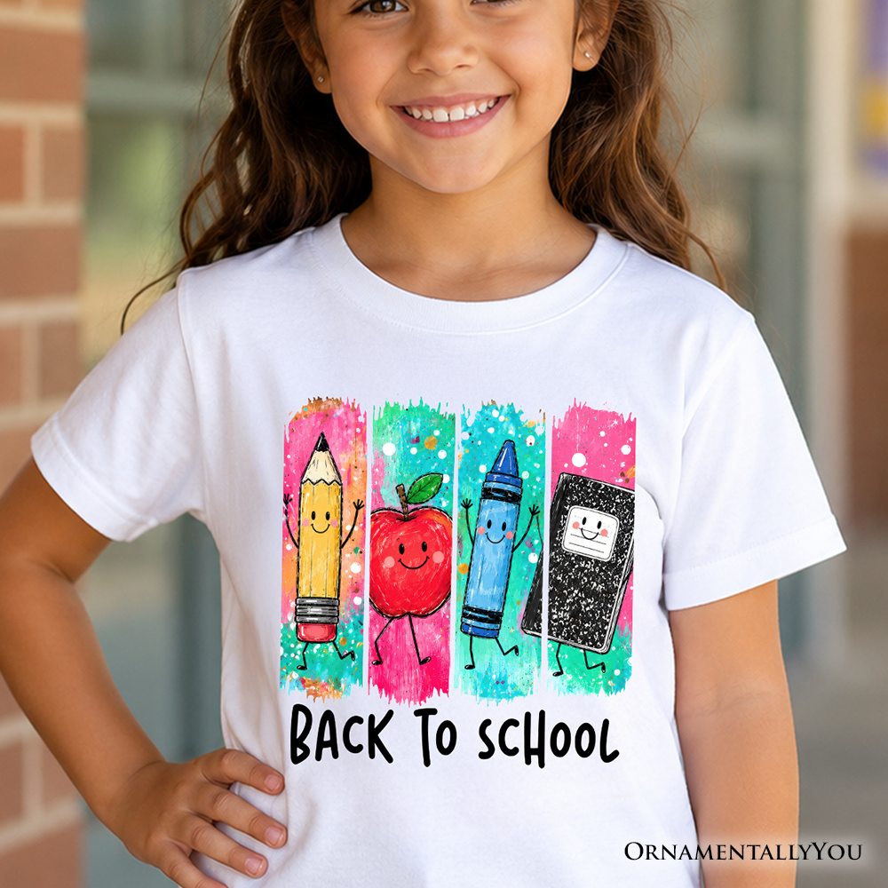 Kids Brushstroke Back to School T-Shirt, Apple Pencil Notebook Youth Tee for Student - Grazingbelles