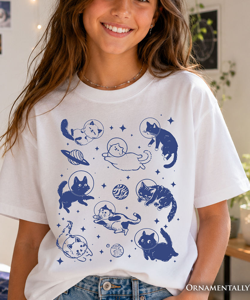 Kids Cats in Space Retro T-Shirt, Funny Astronaut Tee for Youth
