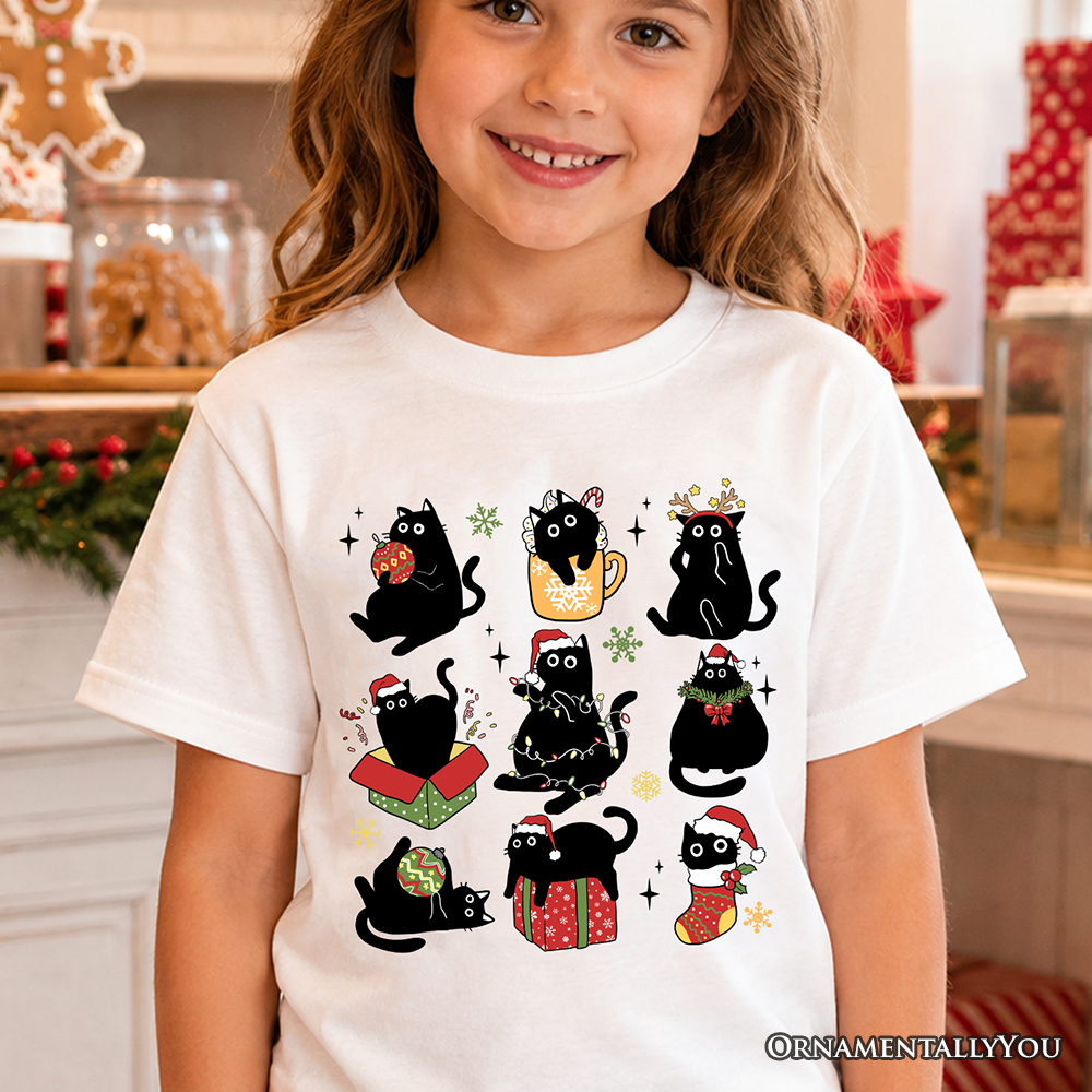 Kids Christmas Black Cats T-Shirt, Whimsical Cats with Santa Hat Youth Tee - Grazingbelles