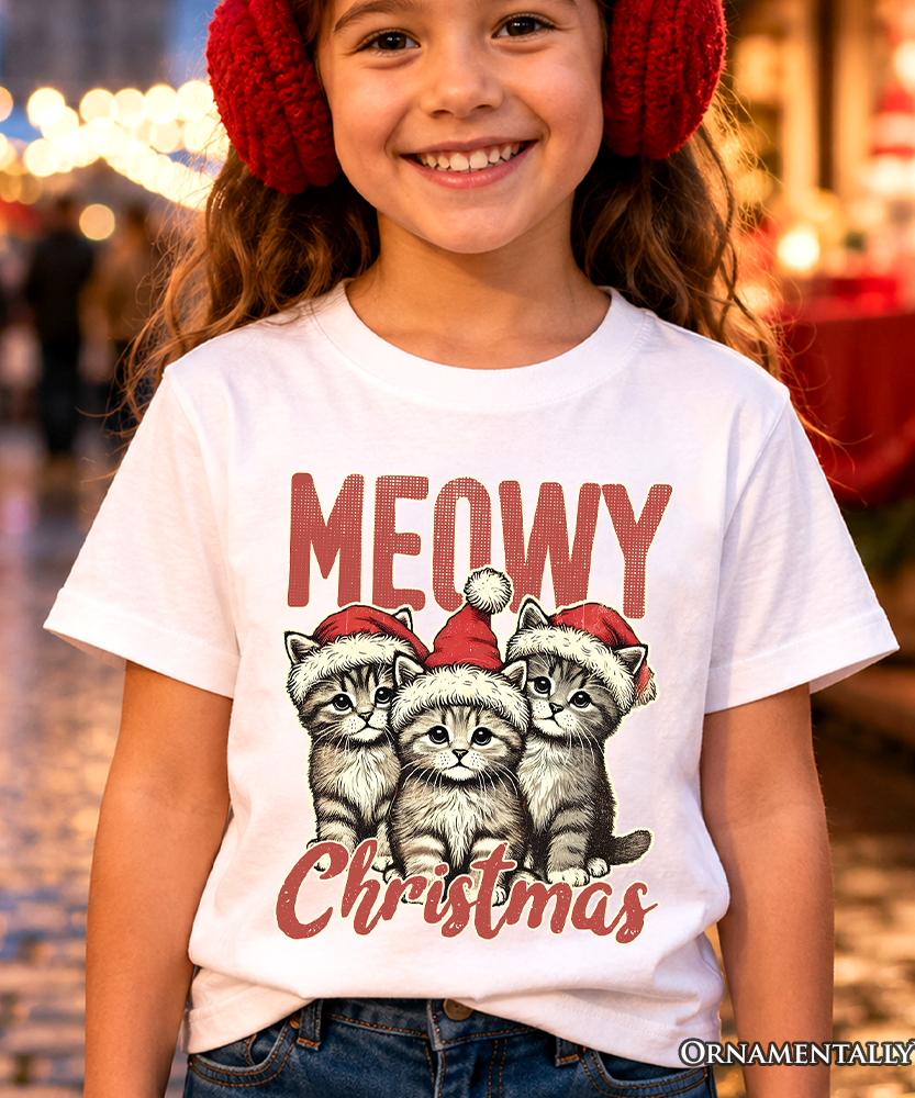 Kids Cute Meowy Christmas T-Shirt, Baby Cat In Santa Hat Holiday Youth Tee