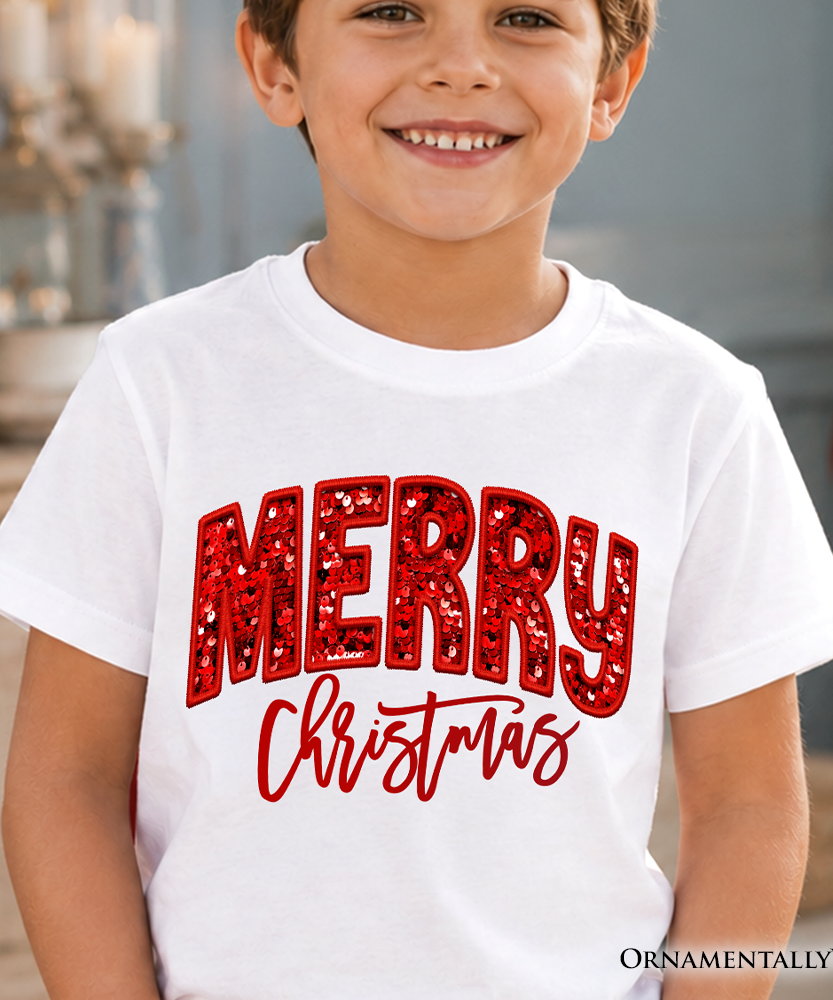 Kids Merry Christmas Sequin T-Shirt, Bold Red Glitter Youth Tee for Festive Holiday Season