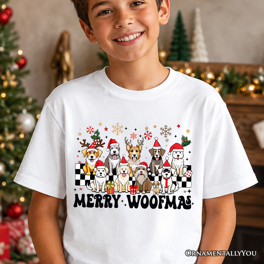 Kids Merry Woofmas Dog T-Shirt, Dogs With Santa Hats Christmas Youth Tee - Grazingbelles