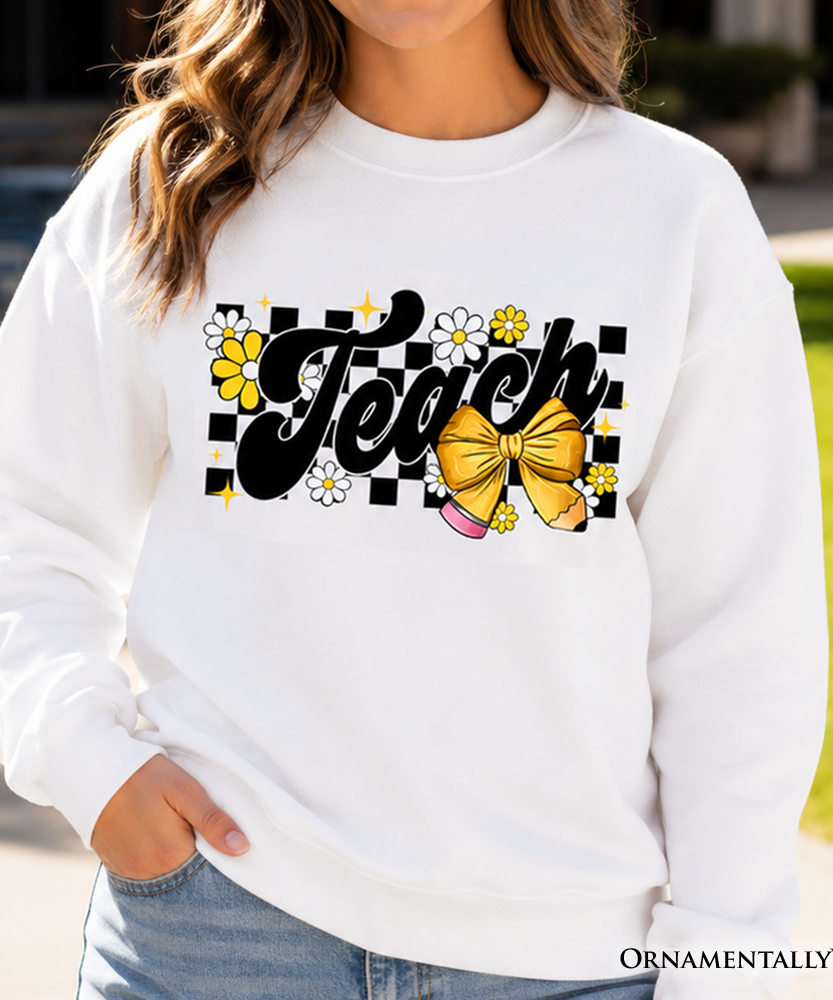 Teach Checkered Coquette Bow Sweatshirt, Retro Sweater for Trendy Teachers - Grazingbelles