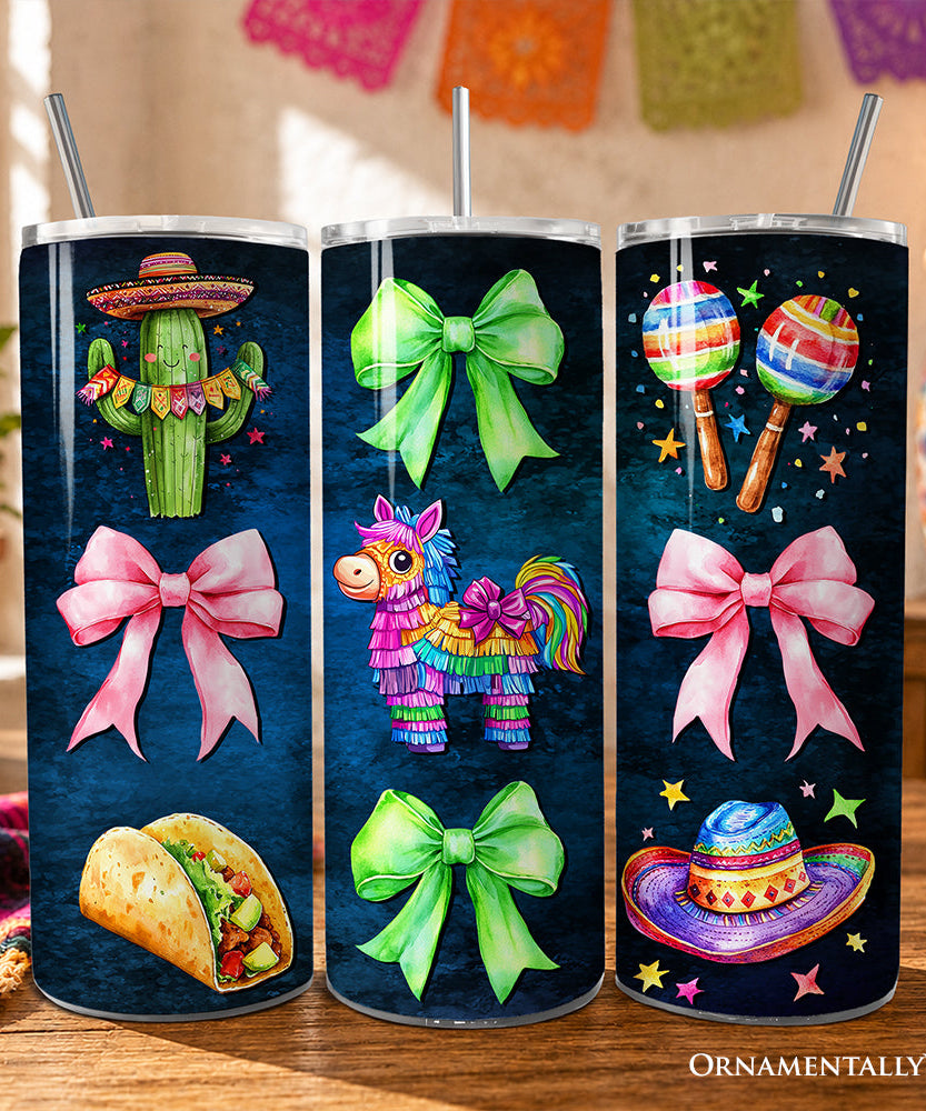 Cinco De Mayo Coquette Bow 20oz Personalized Tumbler With Lid and Stainless Steel Straw, Mexican Fiesta Maracas Gift Cup - Grazingbelles