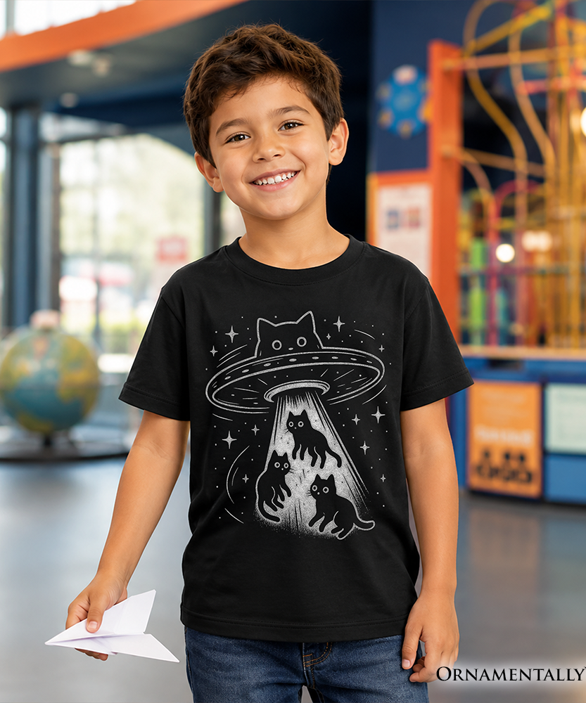 Kids Alien Cat Abduction T-Shirt, Funny Youth UFO Space Cats Cosmic Tee - Grazingbelles