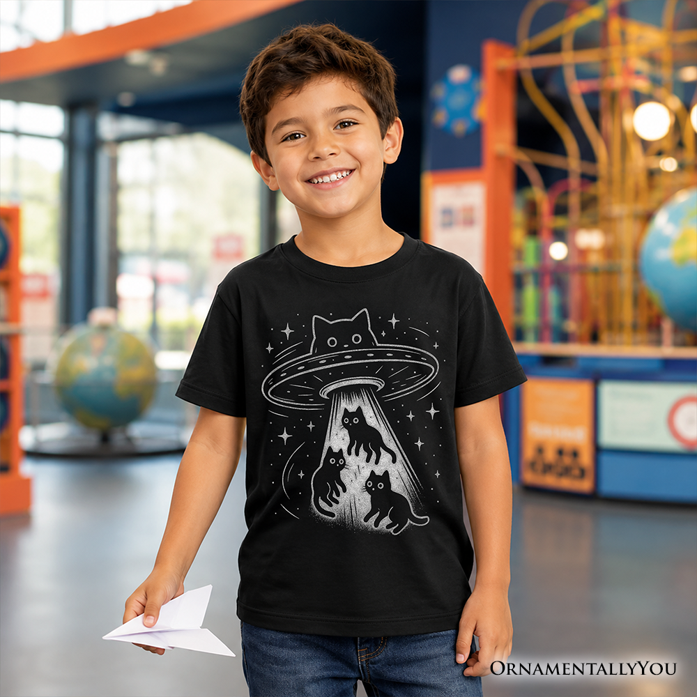 Kids Alien Cat Abduction T-Shirt, Funny Youth UFO Space Cats Cosmic Tee - Grazingbelles