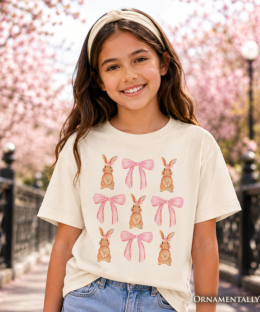 Kids Coquette Bunny Pink Bow Easter T-Shirt, Cute Girly Bunny Spring Tee for Youth - Grazingbelles